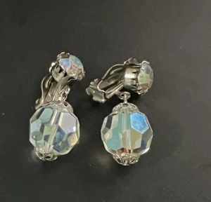 Vintage Faceted Crystal Glass Iridescent Aurora Borealis Bead Drop Clip Earrings - Picture 1 of 9