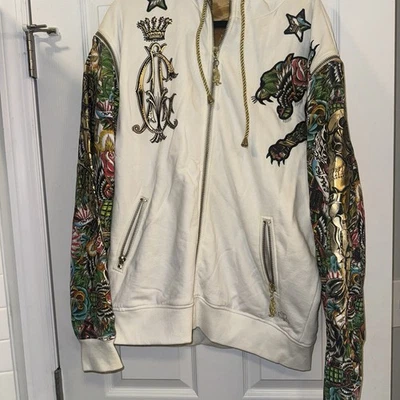 Christian Audigier Zip Hoodie XXL Skull Gold Ivory - Image 1 of 4