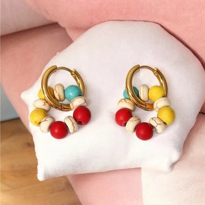 NUEVO 18K Chapado en Oro Amarillo BoHo Colorido Madera Cuentas Aro Pendientes Joyería B29A Foto 1 de 4