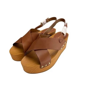 Sam Edelman Bentlee Saddle Brown Leather Cross Strap Platform Wedge Sandals - 12 - Picture 1 of 6