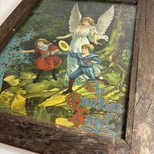 Antik Vintage gerahmt DER SCHUTZENGEL Original Lithographie Druck RAR um 1910 - Bild 1 von 11