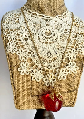 Vintage Avon Red Lucite Apple Necklace Rhinestone Accents Gold Tone Teacher - Image 1 of 4