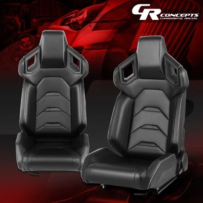 Universal Black Vinyl Leather Racing Bucket Seats w/ Bottom Mount Sliders L+R - Image 1 of 4