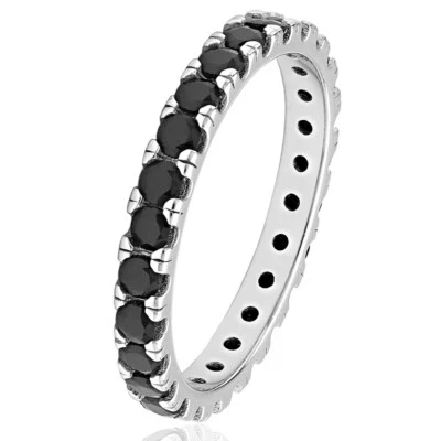 Anello veretta in argento 925 rodiato mm 3 con zirconi neri - Immagine 1 di 2