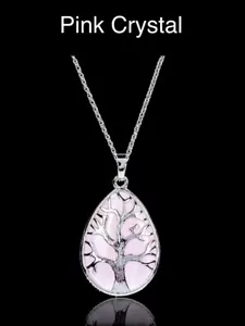 Collar colgante de piedras preciosas de cuarzo rosa lágrima árbol de la vida de plata - Imagen 1 de 2