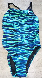 TYR girls SWIM SWIMMING SUIT black green blue WATERY LOOK MEDIUM NICE! - Picture 1 of 2
