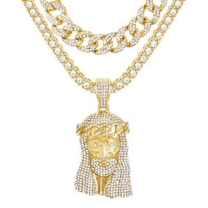 Gold Plated Iced CZ Jesus Pendant 24" Tennis / Cuban Chain Necklace TCMP 702 G - Picture 1 of 3