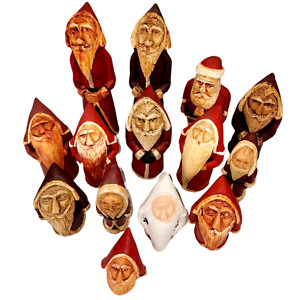 Christmas Santa Claus Hand Carved 14 Wood Figures Folk Art Signed Old Style Euro
