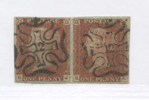 1841 Penny Red pair lettered RJ-RK struck by 2 SON London numeral 12's in MX - Picture 1 of 1