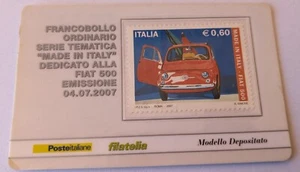 2007 TESSERA FILATELICA CON FRANCOBOLLO FIAT CINQUECENTO AUTO CAR VOITURE - Foto 1 di 2