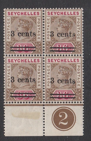Seychelles: QV 3 Cents overprinted on 36c marginal block of 4, plate no.2, 1901 Cover