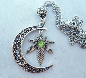 Marijuana Filigree Crescent Moon Necklace w-Peridot Crystal, August Birthstone - Picture 1 of 5