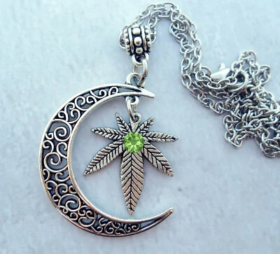 Marijuana Filigree Crescent Moon Necklace w-Peridot Crystal, August Birthstone - Image 1 of 4