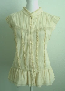 Vintage 70er Jahre Old Navy Perfect Fit Damen Elfenbein Bluse Knopf Gr-M - Bild 1 von 10
