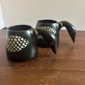 2- Vintage Stephen Schiffer Studio Pottery Handmade Ceramic Black Loon Bird Mugs - Picture 1 of 10