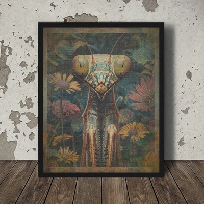 Arte de pared vintage de mantis rezadora, decoración botánica de insectos, impresión de flores de entomología Foto 1 de 4