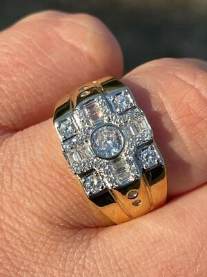 14k Gold Plated & Real Solid 925 Silver CZ Iced Baguette Mens Square RING - Image 1 of 4