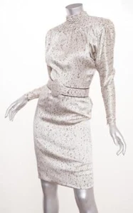 GALANOS VINTAGE Womens Silver Gray Silk Satin Speckle Print Belted Dress XS - Picture 1 of 5
