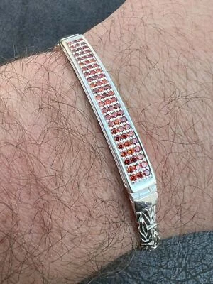 Men's Byzantine Presidential ID Bracelet Real 925 Silver Iced Red CZ Stones - Image 1 of 4