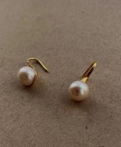 Real Silver Gold Plated Pearl Hook Drop Earrings - Picture 1 of 5