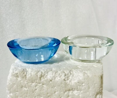 Pier One Round Blue Clear Tea light Glass Candle Holders Set Of 2 - Image 1 of 4
