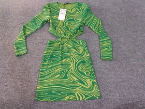 Zara women dress medium green stretch geometric day party casual polyester - Picture 1 of 12