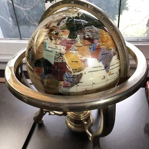 Luxury Mother of Pearl Gemstone Globe w/ Brass Gimbal Desktop Stand & Compass - Picture 1 of 8