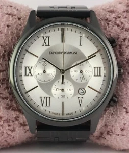 Luxury Armani Men Chronograph Silver Dial Quartz Working Watch Black Steel Band - Picture 1 of 8