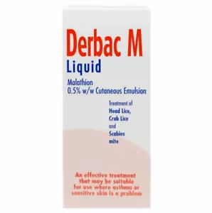 Derbac M Liquid - Treatment of Head Lice, Pubic Lice, and Scabies Mite - 150ml - Picture 1 of 6