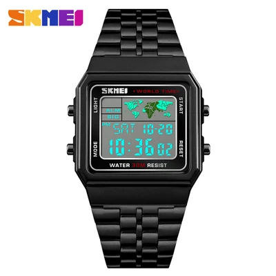 SKMEI Relojes Digitales Hombres Cuadrado Acero Dorado Reloj Hombre Negocios LED Reloj Pulsera Foto 1 de 4