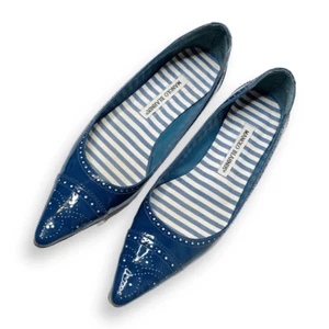 Planos de ballet Manolo Blahnik PETUNIA Brogue patente cuero azul esmoquin para mujer 37 - Imagen 1 de 9