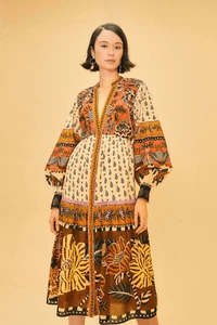 Farm Rio Beige Ainika Floral V Neck Midi Dress XS NEW - Picture 1 of 7