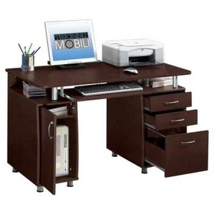 Computer Desk with Storage Cabinet, Drawers, Pullout Keyboard Tray in Chocolate - Picture 1 of 11