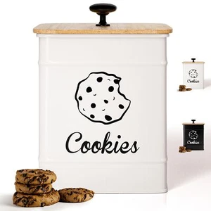 Cookie Jar with Airtight Bamboo Lid - 6"WX6"DX8"H White Iron Tin Large Jars Lids - Picture 1 of 6