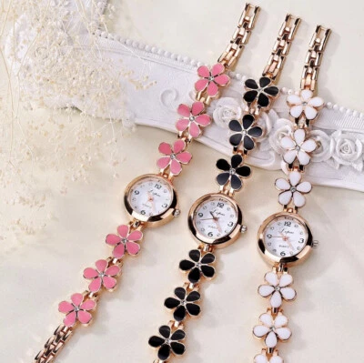 Watches Women Daisies Flower Gold Rhinestone Bracelet Wrist Watch Girl Dress Wom - Image 1 of 4