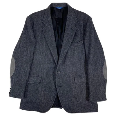 70s Pendleton USA Wool Herringbone 2B Blazer Patch Pleats Charcoal 44 F/S - Image 1 of 4