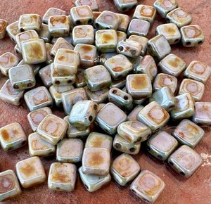 Green Lumi Picasso CzechMates Tile Beads 25 Two Hole Square Czech Glass Beads - Picture 1 of 6