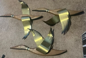 Vintage MCM Masketeers Modern Brass Wood Flying Geese Ducks Birds Set of 3 - 20” - Picture 1 of 8