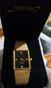 Vintage Xavier Watch Men 25mm Gold Tone Black Dial Adj Woven Diamonds - Picture 1 of 4
