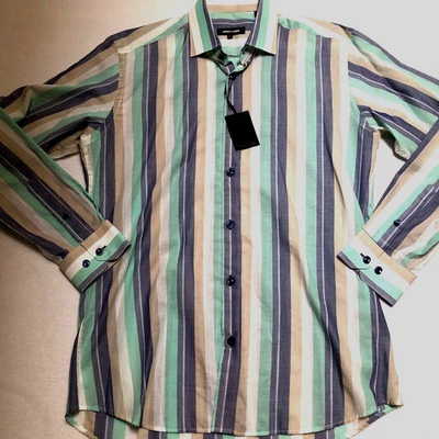 Jared Lang Mens Shirt Sz M Blue Green Beige Striped Button-Up Long Sleeve NWT - Image 1 of 4