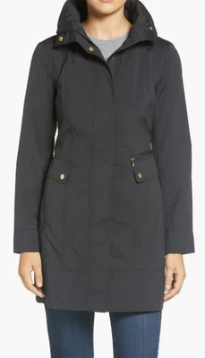 Cole Haan Signature Raincoat Womens Sz M Black Detach Hood Pockets Adjustable - Image 1 of 4