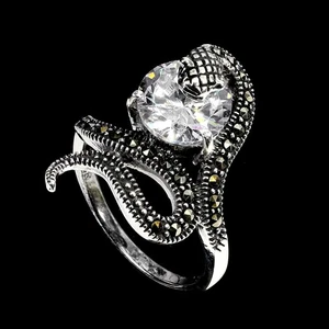 925 Sterling Silver Ring Round Simulated Cz Marcasite Cobra Gemstone Jewelry 7.5 - Picture 1 of 13