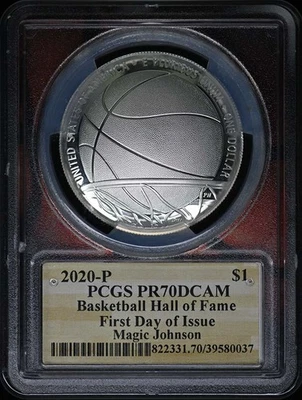 2020-P $1 Silver Basketball Coin Signed Magic PCGS PR70DCAM - Image 1 of 2