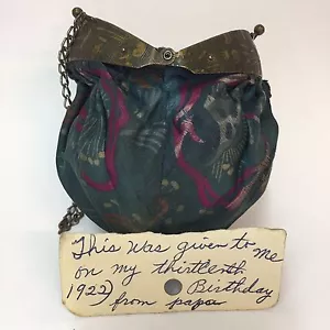 Antique Frame Purse 1920s Cloth Fabric Coin Chain Handle Knob Handle Provenance - Picture 1 of 12