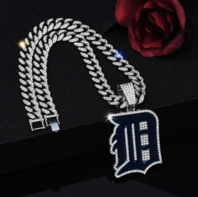 DETROIT TIGERS NECKLACE Silver Bling Baseball Pendant /24" Cuban Chain - Image 1 of 3