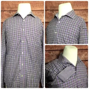 Bugatchi Uomo Classic Fit Men Shirt L/S Checks Purple Blue Flip Cuffs Size Large - Picture 1 of 8