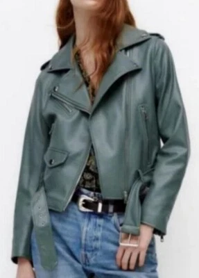 Nueva Chaqueta Moto Zara Verde Imitación Cuero Vegano Cremallera Asimétrica Talla S Foto 1 de 4