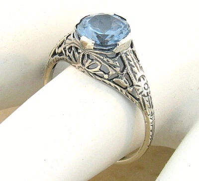 ANILLO DECORATIVO ESTILO ANTIGUO PLATA ESTERLINA 925 1,5 QUILATES AGUAMARINA SIMULADA #647 Foto 1 de 3