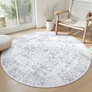 New-Vintage Round Rug - Washable 5 Foot Large Oriental Circle Grey Rug f - Picture 1 of 5