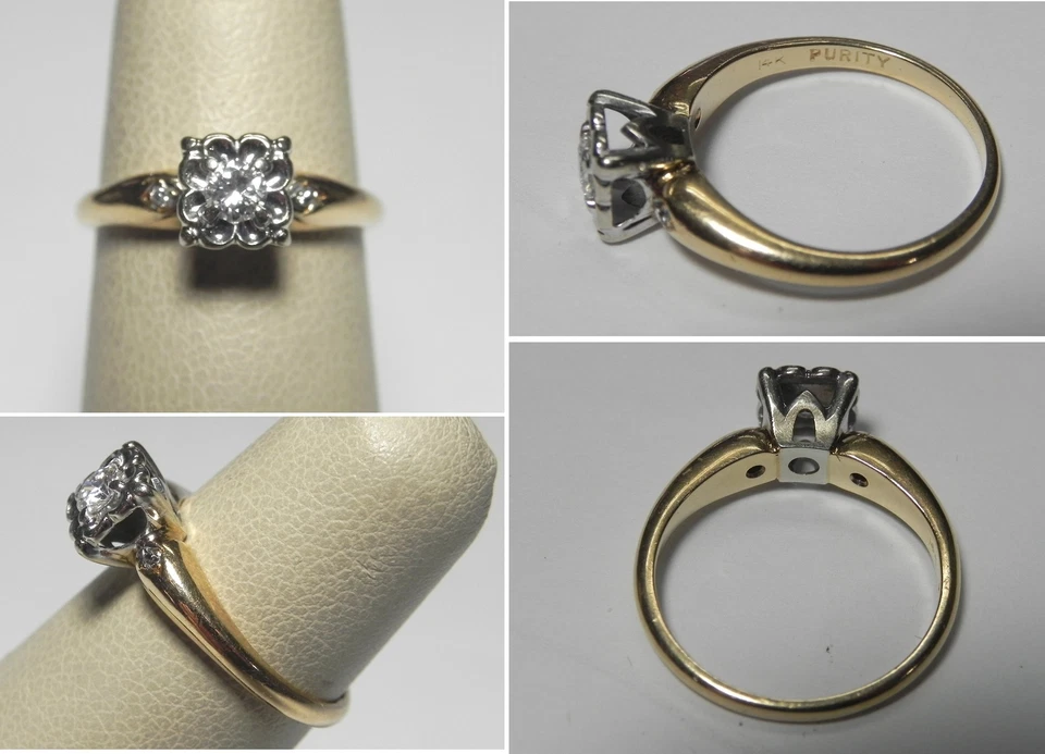 V369 Vintage Solid 14K Yellow Gold Diamond Three Stone Engagement Ring, Sz 5.25 - Image 1 of 1